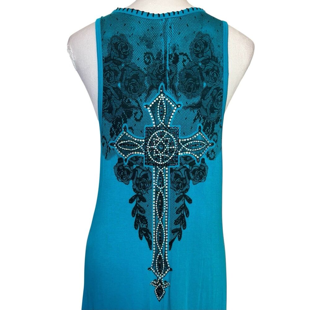 Vocal Teal Sleeveless Cross & Rose Studded High-Low dress - Picture 6 of 9